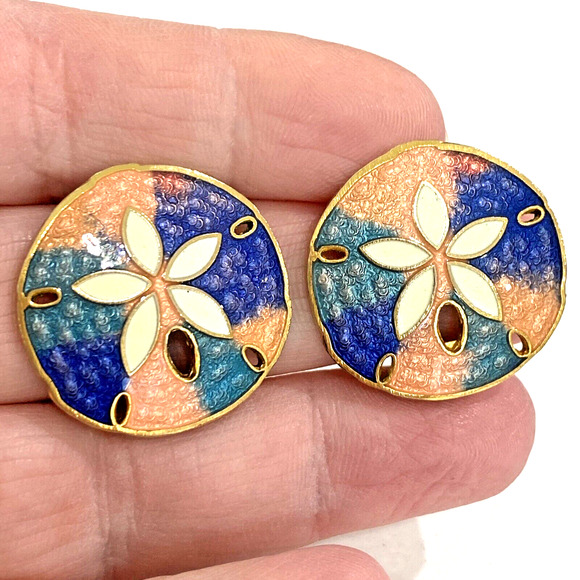 Vintage clip on earrings goldtone rounds pink & blue enamel beachy sand dollars - Picture 3 of 6